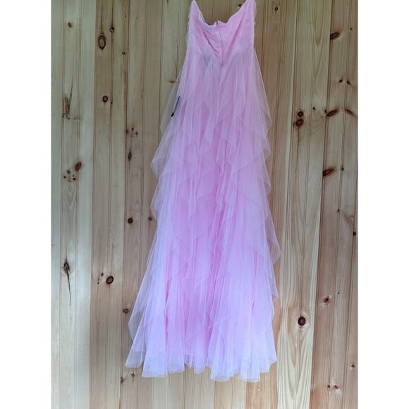 NWT Lulus Delightful Beauty Pink Mesh Strapless Ruched Ruffled Maxi Dress Size M - Picture 5 of 8